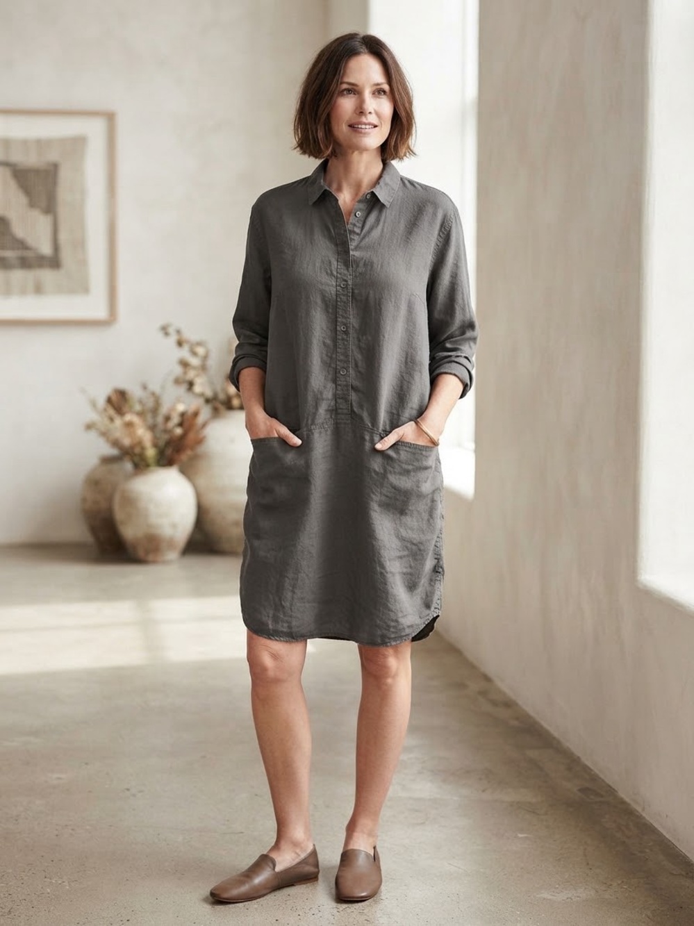 Eileen Fisher Gray Button-Front Shirt Dress Linen Blend